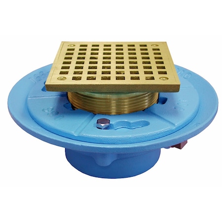 Jones Stephens 2in No Hub Code Blue Floor Drain, 7in Pan, 6in Polished Brass Square Strainer, Height 4in-5-1/4in D65572